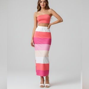 Color Block Slim Fit Tube Top And Elastic Waist Skirt